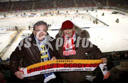 EBEL. Eishockey Bundesliga. Freiluftderby KAC gegen VSV in der Hypo Group Arena. Helmut Manzenreiter, Manfred Mertel. Klagenfurt, am 9.1.2010.
Foto: Kuess

---
pressefotos, pressefotografie, kuess, qs, qspictures, sport, bild, bilder, bilddatenbank