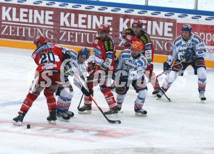 BEL. Eishockey Bundesliga. Freiluftderby KAC gegen VSV in der Hypo Group Arena. Mike Craig, Andrew Schneider, Gregor Hager (KAC), Michael Raffl, Roland Kaspitz, Guenther Lanzinger (VSV).  Klagenfurt, am 9.1.2010.
Foto: Kuess
---
pressefotos, pressefotografie, kuess, qs, qspictures, sport, bild, bilder, bilddatenbank