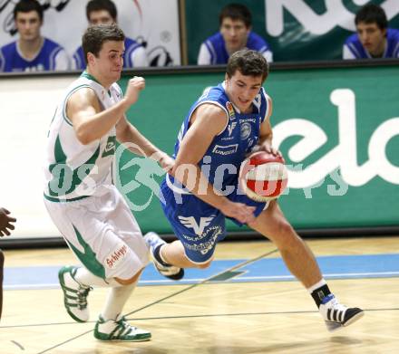 Basketball Bundesliga. Woerthersee Piraten gegen Oberwart Gunners. Marco Breithuber (Piraten), Hannes Artner (Oberwart). Klagenfurt, 16.1.2010
Foto: Kuess

---
pressefotos, pressefotografie, kuess, qs, qspictures, sport, bild, bilder, bilddatenbank