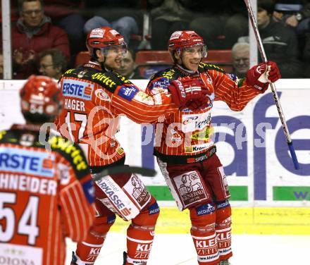 EBEL. Eishockey Bundesliga. KAC gegen Alba Volan SAPA Fehervar. Torjubel KALT Dieter, HAGER Gregor (KAC). Klagenfurt, am 17.1.2010.
Foto: Kuess

---
pressefotos, pressefotografie, kuess, qs, qspictures, sport, bild, bilder, bilddatenbank
