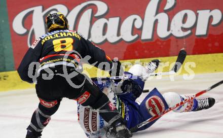 EBEL. Eishockey Bundesliga. EC Pasut VSV gegen EV Vienna Capitals.  Michael Raffl, (VSV), Francois Bouchard (Vienna). Villach, am 17.1.2010.
Foto: Kuess 


---
pressefotos, pressefotografie, kuess, qs, qspictures, sport, bild, bilder, bilddatenbank