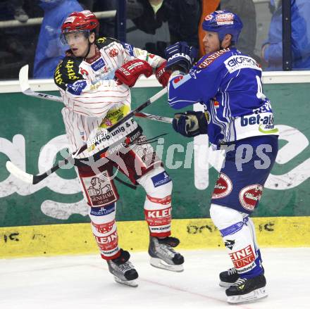 EBEL. Eishockey Bundesliga. EC Pasut VSV gegen KAC.  Mike Stewart (VSV), Kirk Furey (KAC). Villach, am 11.10.2009.
Foto: Kuess 


---
pressefotos, pressefotografie, kuess, qs, qspictures, sport, bild, bilder, bilddatenbank