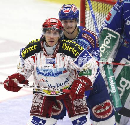 EBEL. Eishockey Bundesliga. EC Pasut VSV gegen KAC.  Stefan Bacher (VSV), Dieter Kalt (KAC). Villach, am 11.10.2009.
Foto: Kuess 


---
pressefotos, pressefotografie, kuess, qs, qspictures, sport, bild, bilder, bilddatenbank