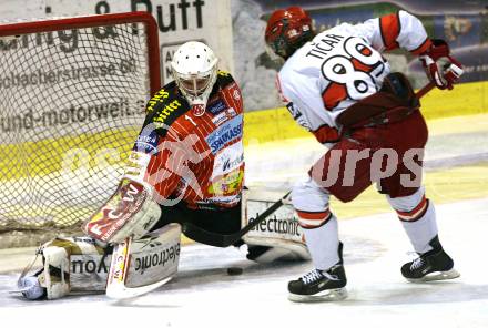 EBEL. Eishockey Bundesliga. KAC gegen HK Acroni Jesenice. Penaltyschiessen Jordan Parise, (KAC), Rok Ticar (Jesenice). Klagenfurt, am 22.1.2010.
Foto: Kuess

---
pressefotos, pressefotografie, kuess, qs, qspictures, sport, bild, bilder, bilddatenbank