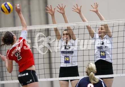 Volleyball OECup. ATSC Wildcats gegen SVS Post . Elisabeth Schilcher (Wildcats), Seidl, Rottmann. Klagenfurt, 24.1.2010
Foto: Kuess

---
pressefotos, pressefotografie, kuess, qs, qspictures, sport, bild, bilder, bilddatenbank