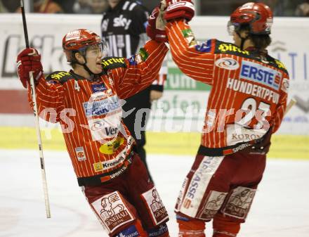 EBEL. Eishockey Bundesliga. KAC gegen EV Vienna Capitals. Torjubel Markus Pirmann, Thomas Hundertpfund (KAC). Klagenfurt, am 24.1.2010.
Foto: Kuess

---
pressefotos, pressefotografie, kuess, qs, qspictures, sport, bild, bilder, bilddatenbank