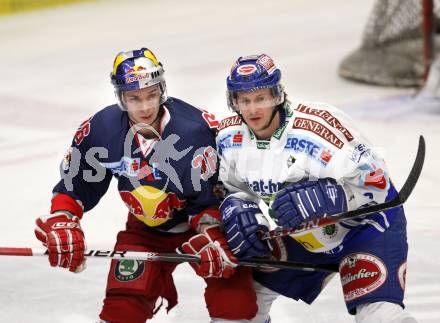 EBEL. Eishockey Bundesliga. EC Pasut VSV gegen Red Bulls Salzburg.  Christian Ban, (VSV),  Marco Pewal (Salzburg). Villach, am 31.1.2010.
Foto: Kuess 


---
pressefotos, pressefotografie, kuess, qs, qspictures, sport, bild, bilder, bilddatenbank