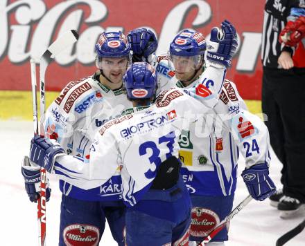 EBEL. Eishockey Bundesliga. EC Pasut VSV gegen Red Bulls Salzburg.  Torjubel Jonathan Ferland, Guenther Lanzinger, Andreas Kristler (VSV). Villach, am 31.1.2010.
Foto: Kuess 


---
pressefotos, pressefotografie, kuess, qs, qspictures, sport, bild, bilder, bilddatenbank