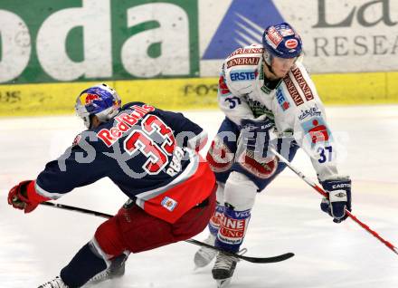 EBEL. Eishockey Bundesliga. EC Pasut VSV gegen Red Bulls Salzburg.  Andreas Kristler, (VSV),  Jeremy Rebek (Salzburg). Villach, am 31.1.2010.
Foto: Kuess 


---
pressefotos, pressefotografie, kuess, qs, qspictures, sport, bild, bilder, bilddatenbank