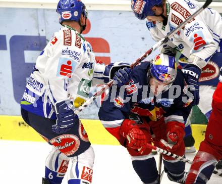 EBEL. Eishockey Bundesliga. EC Pasut VSV gegen Red Bulls Salzburg.  Gerhard Unterluggauer, Mike Stewart, (VSV), Alexander Feichtner (Salzburg). Villach, am 31.1.2010.
Foto: Kuess 


---
pressefotos, pressefotografie, kuess, qs, qspictures, sport, bild, bilder, bilddatenbank