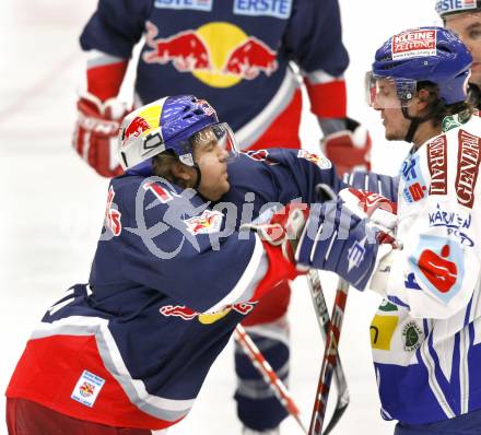 EBEL. Eishockey Bundesliga. EC Pasut VSV gegen Red Bulls Salzburg.  Christian Ban, (VSV),  Ryan Duncan (Salzburg). Villach, am 31.1.2010.
Foto: Kuess 


---
pressefotos, pressefotografie, kuess, qs, qspictures, sport, bild, bilder, bilddatenbank