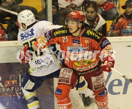 EBEL. Eishockey Bundesliga. KAC gegen KHL Medvescak Zagreb. Kirk Furey (KAC), Aaron Fox (Zagreb). Klagenfurt, am 2.2.2010.
Foto: Kuess

---
pressefotos, pressefotografie, kuess, qs, qspictures, sport, bild, bilder, bilddatenbank