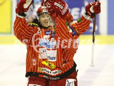 EBEL. Eishockey Bundesliga. KAC gegen KHL Medvescak Zagreb. Torjubel Dieter Kalt, Kirk Furey (KAC). Klagenfurt, am 2.2.2010.
Foto: Kuess

---
pressefotos, pressefotografie, kuess, qs, qspictures, sport, bild, bilder, bilddatenbank