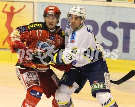 EBEL. Eishockey Bundesliga. KAC gegen KHL Medvescak Zagreb. Dieter Kalt (KAC), Alan Letang (Zagreb). Klagenfurt, am 2.2.2010.
Foto: Kuess

---
pressefotos, pressefotografie, kuess, qs, qspictures, sport, bild, bilder, bilddatenbank