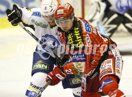 EBEL. Eishockey Bundesliga. KAC gegen KHL Medvescak Zagreb. Jason Morgan (KAC), Mike Prpich (Zagreb). Klagenfurt, am 2.2.2010.
Foto: Kuess

---
pressefotos, pressefotografie, kuess, qs, qspictures, sport, bild, bilder, bilddatenbank