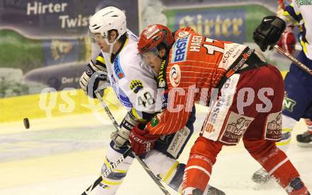 EBEL. Eishockey Bundesliga. KAC gegen KHL Medvescak Zagreb. Gregor Hager (KAC), Kenneth Macauley (Zagreb). Klagenfurt, am 2.2.2010.
Foto: Kuess

---
pressefotos, pressefotografie, kuess, qs, qspictures, sport, bild, bilder, bilddatenbank