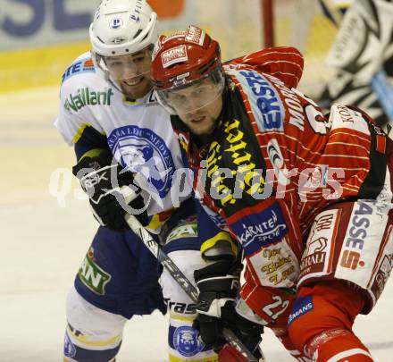 EBEL. Eishockey Bundesliga. KAC gegen KHL Medvescak Zagreb. Jason Morgan (KAC), Andy Sertich (Zagreb). Klagenfurt, am 2.2.2010.
Foto: Kuess

---
pressefotos, pressefotografie, kuess, qs, qspictures, sport, bild, bilder, bilddatenbank