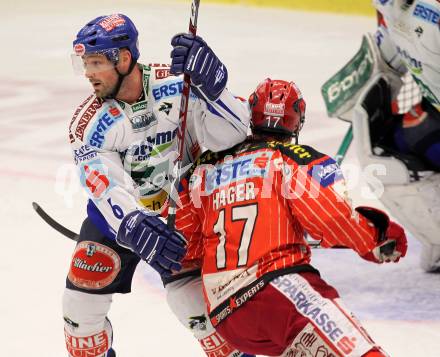 EBEL. Eishockey Bundesliga. EC Pasut VSV gegen KAC.  Gerhard Unterluggauer, (VSV),  Gregor Hager (KAC). Villach, am 5.2.2010.
Foto: Kuess 


---
pressefotos, pressefotografie, kuess, qs, qspictures, sport, bild, bilder, bilddatenbank