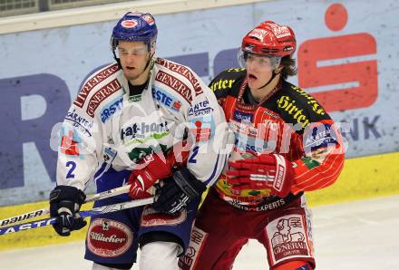 EBEL. Eishockey Bundesliga. EC Pasut VSV gegen KAC. Thomas Hundertpfund, (VSV),  Michael Mike Martin  (KAC). Villach, am 5.2.2010.
Foto: Kuess 


---
pressefotos, pressefotografie, kuess, qs, qspictures, sport, bild, bilder, bilddatenbank