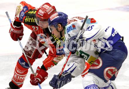 EBEL. Eishockey Bundesliga. EC Pasut VSV gegen KAC.  Philipp Pinter, (VSV), Jason Morgan (KAC). Villach, am 5.2.2010.
Foto: Kuess 


---
pressefotos, pressefotografie, kuess, qs, qspictures, sport, bild, bilder, bilddatenbank