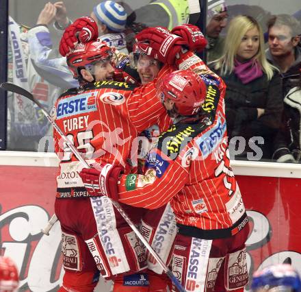 EBEL. Eishockey Bundesliga. EC Pasut VSV gegen KAC.  Jubel Kirk Fures, Gregor Hager, Dieter Kalt (KAC). Villach, am 5.2.2010.
Foto: Kuess 


---
pressefotos, pressefotografie, kuess, qs, qspictures, sport, bild, bilder, bilddatenbank