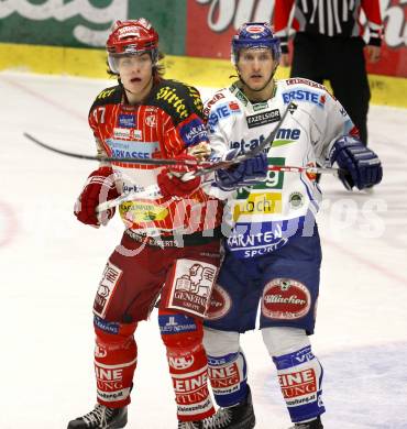 EBEL. Eishockey Bundesliga. EC Pasut VSV gegen KAC. Philipp Pinter,  (VSV),  Thomas Hundertpfund (KAC). Villach, am 5.2.2010.
Foto: Kuess 


---
pressefotos, pressefotografie, kuess, qs, qspictures, sport, bild, bilder, bilddatenbank