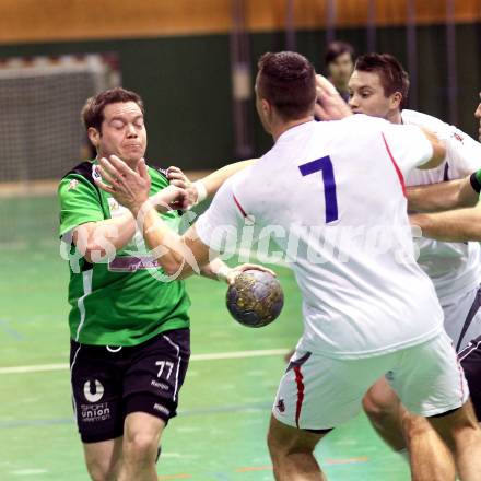 Handball Bundesliga. HC Kelag Kaernten gegen Sportunion Edelweiss Linz. Florian Pontasch-Mueller  (HCK), Dieter Illes (Linz). Klagenfurt, am 6.2.2010.
Foto: Kuess
---
pressefotos, pressefotografie, kuess, qs, qspictures, sport, bild, bilder, bilddatenbank