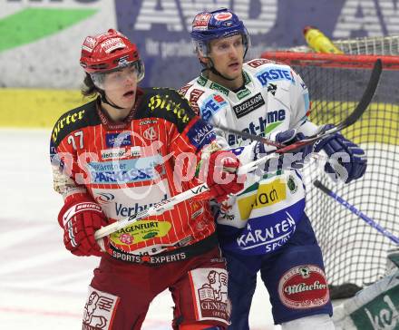 EBEL. Eishockey Bundesliga. EC Pasut VSV gegen KAC. Philipp Pinter (VSV), Thomas Hundertpfund  (KAC). Villach, am 5.2.2010.
Foto: Kuess 


---
pressefotos, pressefotografie, kuess, qs, qspictures, sport, bild, bilder, bilddatenbank