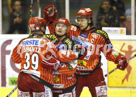 EBEL. Eishockey Bundesliga. KAC gegen EHC LIWEST Linz. Torjubel Jeff Shantz, David Schuller, Christoph Brandner (KAC). Klagenfurt, am 7.2.2010.
Foto: Kuess

---
pressefotos, pressefotografie, kuess, qs, qspictures, sport, bild, bilder, bilddatenbank