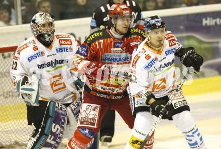 EBEL. Eishockey Bundesliga. KAC gegen EHC LIWEST Linz. Gregor Hager, (KAC), Alex Westlund, Rich Bronilla (Linz). Klagenfurt, am 7.2.2010.
Foto: Kuess

---
pressefotos, pressefotografie, kuess, qs, qspictures, sport, bild, bilder, bilddatenbank