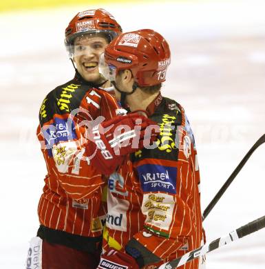 EBEL. Eishockey Bundesliga. KAC gegen EHC LIWEST Linz. Torjubel Gregor Hager, Johannes Kirisits (KAC). Klagenfurt, am 7.2.2010.
Foto: Kuess

---
pressefotos, pressefotografie, kuess, qs, qspictures, sport, bild, bilder, bilddatenbank