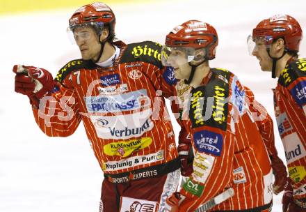 EBEL. Eishockey Bundesliga. KAC gegen EHC LIWEST Linz. Torjubel Gregor Hager, Herbert Ratz, Johannes Kirisits (KAC). Klagenfurt, am 7.2.2010.
Foto: Kuess

---
pressefotos, pressefotografie, kuess, qs, qspictures, sport, bild, bilder, bilddatenbank