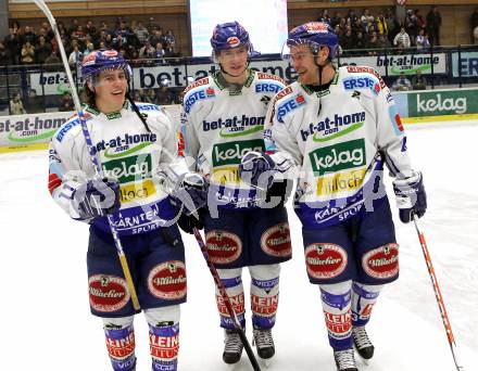 EBEL. Eishockey Bundesliga. EC Pasut VSV gegen EHC LIWEST Linz.  Jubel Nico Toff, Michael Raffl, Mikael Wahlberg (VSV). Villach, am 19.2.2010.
Foto: Kuess 


---
pressefotos, pressefotografie, kuess, qs, qspictures, sport, bild, bilder, bilddatenbank