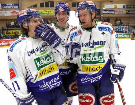 EBEL. Eishockey Bundesliga. EC Pasut VSV gegen EHC LIWEST Linz.  Jubel Nico Toff, Michael Raffl, Mikael Wahlberg (VSV). Villach, am 19.2.2010.
Foto: Kuess 


---
pressefotos, pressefotografie, kuess, qs, qspictures, sport, bild, bilder, bilddatenbank