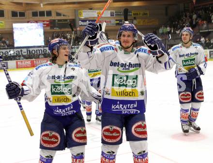 EBEL. Eishockey Bundesliga. EC Pasut VSV gegen EHC LIWEST Linz.  Jubel Nico Toff, Christian Ban, Benjamin Petrik. Villach, am 19.2.2010.
Foto: Kuess 


---
pressefotos, pressefotografie, kuess, qs, qspictures, sport, bild, bilder, bilddatenbank