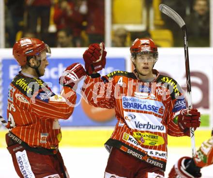 EBEL. Eishockey Bundesliga. KAC gegen HDD TILIA Olimpija Ljubljana. Torjubel PIRMANN Markus, KIRISITS Johannes (KAC). Klagenfurt, am 19.2.2010.
Foto: Kuess

---
pressefotos, pressefotografie, kuess, qs, qspictures, sport, bild, bilder, bilddatenbank