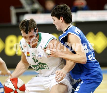 Basketball Bundesliga. Woerthersee Piraten gegen Oberwart Gunners. Maximilian Kunovjanek (Piraten), Lukas Linzer  (Oberwart).  Klagenfurt, 20.2.2010.
Foto:  Kuess

---
pressefotos, pressefotografie, kuess, qs, qspictures, sport, bild, bilder, bilddatenbank