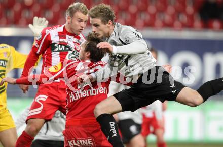 Fussball. Tipp3-Bundesliga. SK Austria Kelag Kaernten  gegen KSV Superfund Kapfenberger SV. Michael Sollbauer, (Austria Kaernten), David Sencar, Boris Huettenbrenner (Kapfenberg). Klagenfurt, 27.2.2010. 
Foto: Kuess

---
pressefotos, pressefotografie, kuess, qs, qspictures, sport, bild, bilder, bilddatenbank