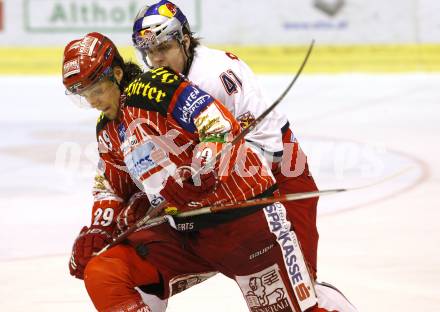 EBEL. Eishockey Bundesliga. KAC gegen EC Red Bull Salzburg. BRANDNER Christoph (KAC), REGIER Steven (Salzburg). Klagenfurt, am 28.2.2010.
Foto: Kuess 

---
pressefotos, pressefotografie, kuess, qs, qspictures, sport, bild, bilder, bilddatenbank