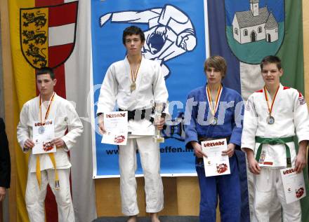 Judo. Kaerntner Meisterschaften. (+ 55kg - 60 kg).  2. Anar Tagiev, 1. Simon Hochegger, 3. Gabriel Wartbichler, Thomas Stueckler. Feldkirchen, 14. 3. 2010.
Foto: Kuess
---
pressefotos, pressefotografie, kuess, qs, qspictures, sport, bild, bilder, bilddatenbank