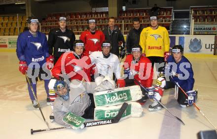 Eishockey Nationalteam Oesterreich. Hinten von links: Stefan und Manuel Geier, Gerhard Unterluggauer, Bill Gilligan, Many Viveiros, David Schuller. Vorne von links: Thomas Raffl, Johannes Reichel, Roland Kaspitz, Andreas Kristler, Bernhard Starkbaum. Klagenfurt, am 29.3.2010.
Foto: Kuess
---
pressefotos, pressefotografie, kuess, qs, qspictures, sport, bild, bilder, bilddatenbank