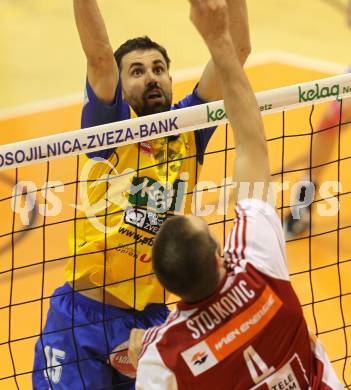 Volleyball. AVL-Halbfinale. SK Posojilnica Aich/Dob gegen hotVolleys. SMUC Tomislav  (Aich/Dob), Milos STOJKOVIC (hotVolleys). Prevalje, 1.4.2010
Foto: Kuess 

---
pressefotos, pressefotografie, kuess, qs, qspictures, sport, bild, bilder, bilddatenbank