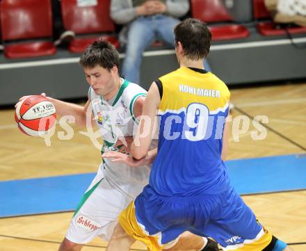 Basketball Bundesliga. Woerthersee Piraten gegen UBC St. Poelten.  Bernhard Weber,  (Piraten), Martin Kohlmaier (UBC St. Poelten). Klagenfurt, 3.4.2010.
Foto:  Kuess

---
pressefotos, pressefotografie, kuess, qs, qspictures, sport, bild, bilder, bilddatenbank