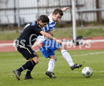 Fussball. Kaerntner Liga. VSV gegen SVG Bleiburg. Stresch Stefan (VSV), Riedl Thomas (Bleiburg).
Villach, 3.4.2010.
Foto: Kuess

---
pressefotos, pressefotografie, kuess, qs, qspictures, sport, bild, bilder, bilddatenbank