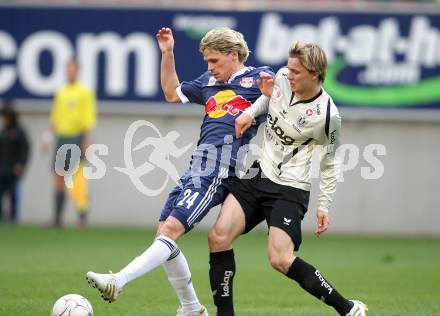 Fussball. Bundesliga. SK Austria Kelag Kaernten  gegen Red Bull Salzburg. Stefan Hierlaender, (Austria Kaernten), Christoph Leitgeb (Salzburg). Klagenfurt, 10.4.2010. 
Foto: Kuess

---
pressefotos, pressefotografie, kuess, qs, qspictures, sport, bild, bilder, bilddatenbank