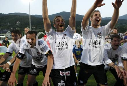 Fussball Regionalliga. Relegationsspiel. WAC/St. Andrae gegen Parndorf. Jubel Da Costa Ricardo Valter, Hannes Jochum, Marco Reich,  WAC/St. Andrae. Wolfsberg, am 12.6.2010.
Foto: Kuess
---
pressefotos, pressefotografie, kuess, qs, qspictures, sport, bild, bilder, bilddatenbank