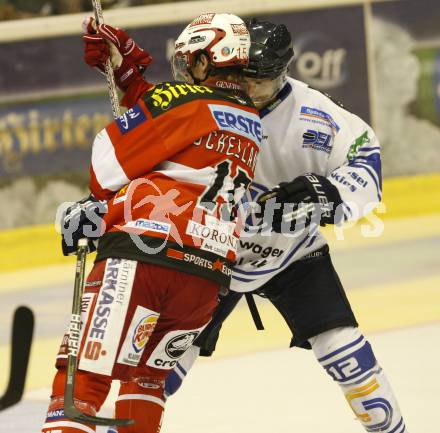 Eishockey Testspiel. EC KAC gegen Kassel Huskies. Paul Schellander  (KAC),  Hugo Boivert (Kassel Huskies). Klagenfurt, am 22.8.2010.
Foto: Kuess 

---
pressefotos, pressefotografie, kuess, qs, qspictures, sport, bild, bilder, bilddatenbank