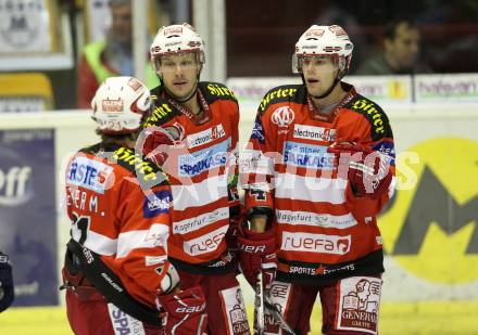 Eishockey Testspiel. EC KAC gegen Kassel Huskies. Torjubel Manuel Geier, Johannes Kirisits, Manuel Pirmann. Klagenfurt, am 22.8.2010.
Foto: Kuess 

---
pressefotos, pressefotografie, kuess, qs, qspictures, sport, bild, bilder, bilddatenbank