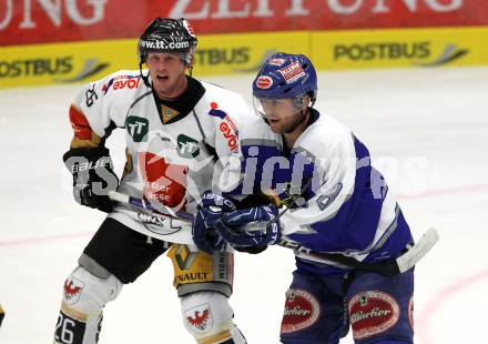 Eishockey. Testspiel. VSV gegen TWI HC Innsbruck. Roland Kaspitz, (VSV), Jamie Mattie (Innsbruck). Villach, 24.8.2010.
Foto: Kuess


---
pressefotos, pressefotografie, kuess, qs, qspictures, sport, bild, bilder, bilddatenbank