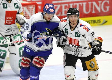 Eishockey. Testspiel. VSV gegen TWI HC Innsbruck. Benjamin Petrik, (VSV), Stefan Pittl (Innsbruck). Villach, 24.8.2010.
Foto: Kuess


---
pressefotos, pressefotografie, kuess, qs, qspictures, sport, bild, bilder, bilddatenbank